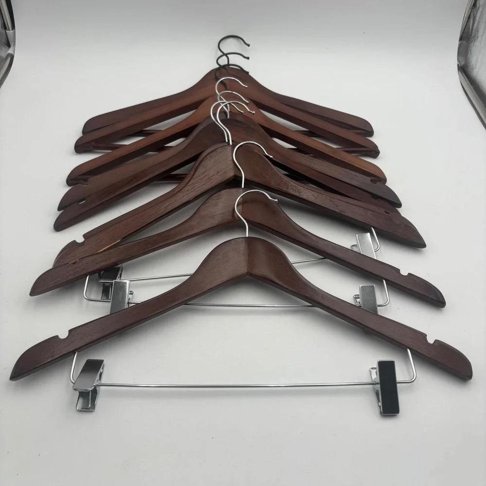 Wooden Hangers Set of 9 Brown Good Suit Shirt Pant Clips Notched
